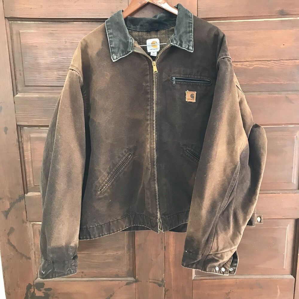 VTG Carhartt Detroit Jacket J97 DKB Brown Distressed And Faded Size Large
